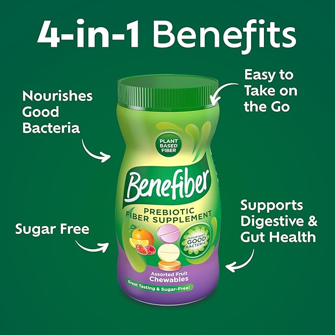 Benefiber Chewable Prebiotic GLP-1 Friendly Fiber Supplement Tablets for Digestive Health, Assorted Fruit Flavors - 100 Count