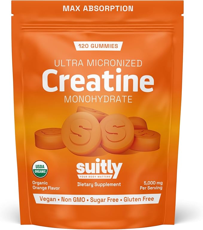 USDA Organic Ultra-Micronized Creatine Gummies for Men & Women; Orange Max Absorption 5g Creatine Gummies Sugar Free for Muscle Gain, Energy & Recovery; Muscle Builder for Women with Pouch - 120 Count
