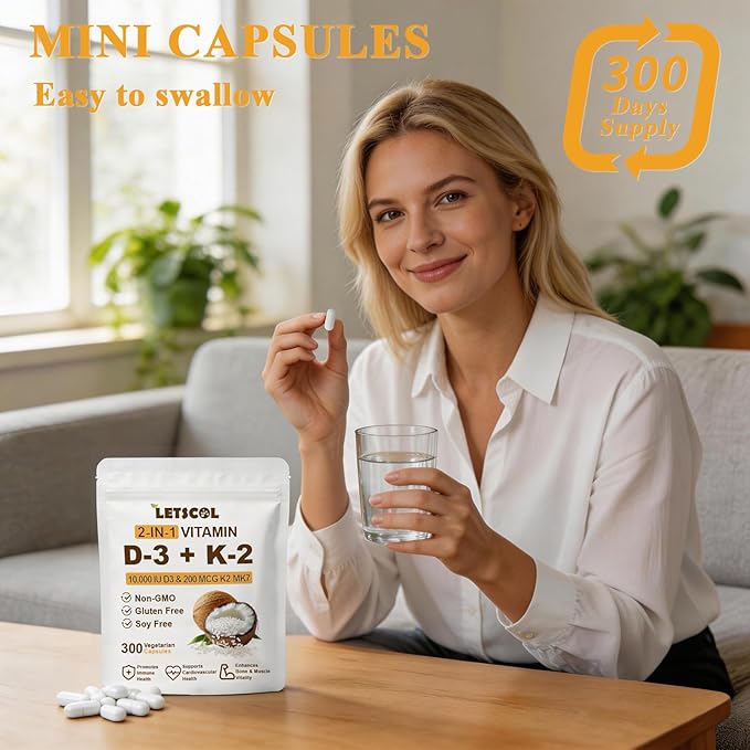 2-in-1 Vitamin D3 K2 Supplement Capsules, Vitamin D3 10000 IU and Vitamin K2 200 mcg, K2 MK7 with D3 Vitamin Supplement Support Immune, Heart, Joint, Teeth & Bone Health