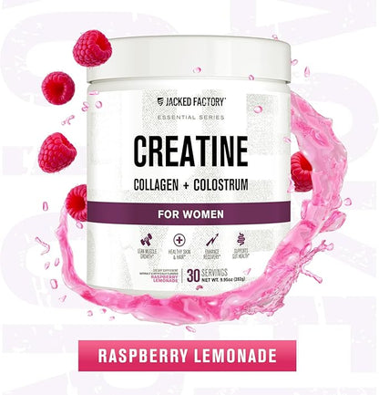 Jacked Factory Creatine for Women - Creatine Monohydrate with Collagen + Colostrum to Support Workout Performance, Lean Muscle Growth, Healthy Hair, Skin, & Nails - 30 Servings, Raspberry Lemonade