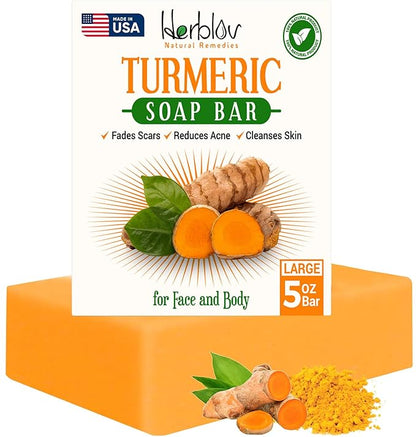 Natural Turmeric Soap Bar for Face & Body – Skin Brightening Soap for Dark Spots, Intimate Areas, Underarms – Exfoliating Face Wash Reduces Acne, Fades Scars & Cleanses Skin – 5oz Made in USA