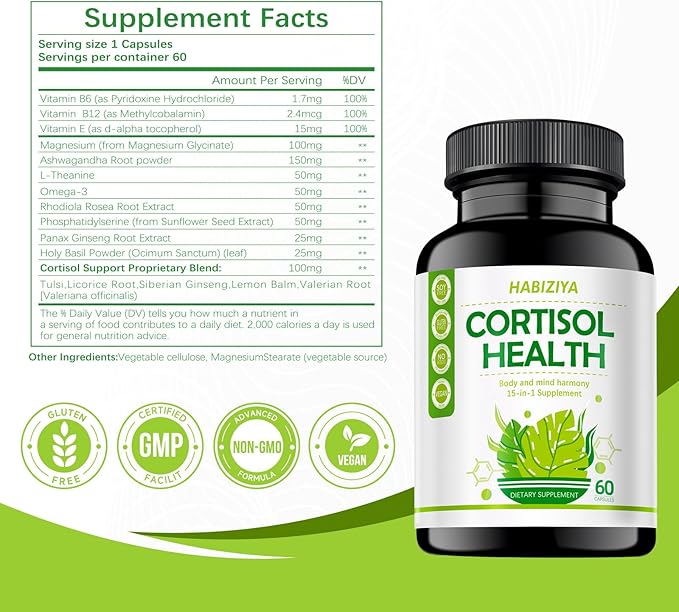 Cortisol Manager Supplement for Women and Men Adrenal Support with Ashwagandha, Rhodiola Rosea, Holy Basil, Mood & Sleep Support - Non-GMO, Vegan Capsules (60 Count)