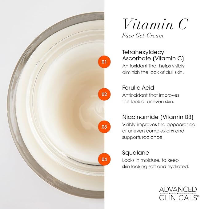 Advanced Clinicals Brightening Vitamin C Body Cream + Potent Vitamin C Face Moisturizer Gel Cream 2pc Skincare Set For Women & Men To Diminish Appearance Of Dark Spots, Wrinkles, & Dry Skin, 2pc Set