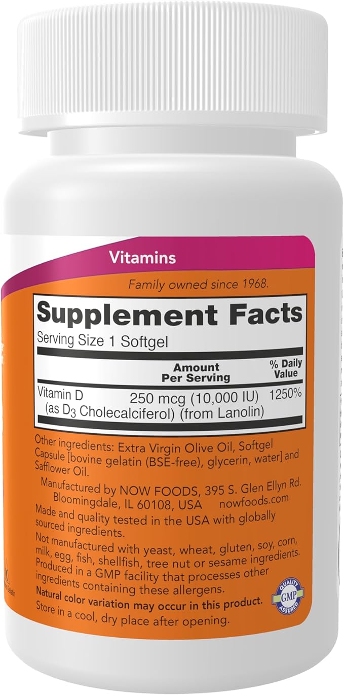 NOW Foods Supplements, Vitamin D-3 10,000 IU Softgels, Vitamin D, Joint Support, 240 Softgels