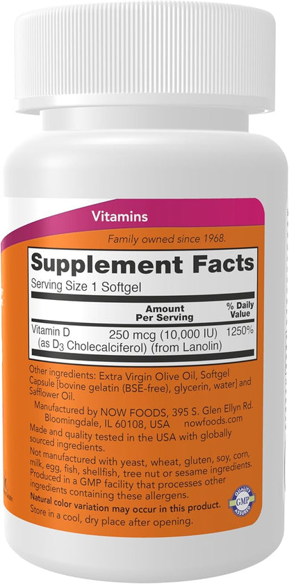 NOW Foods Supplements, Vitamin D-3 10,000 IU Softgels, Vitamin D, Joint Support, 240 Softgels