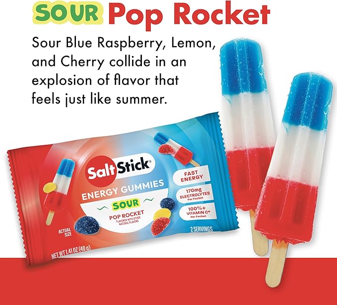 SaltStick Energy Gummies with Electrolytes, Sour Pop Rocket, Easy to Chew Electrolyte Gummy, 10 Packs, 80 Gummies