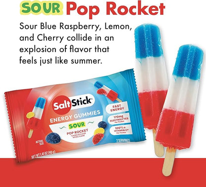 SaltStick Energy Gummies with Electrolytes, Sour Pop Rocket, Easy to Chew Electrolyte Gummy, 10 Packs, 80 Gummies