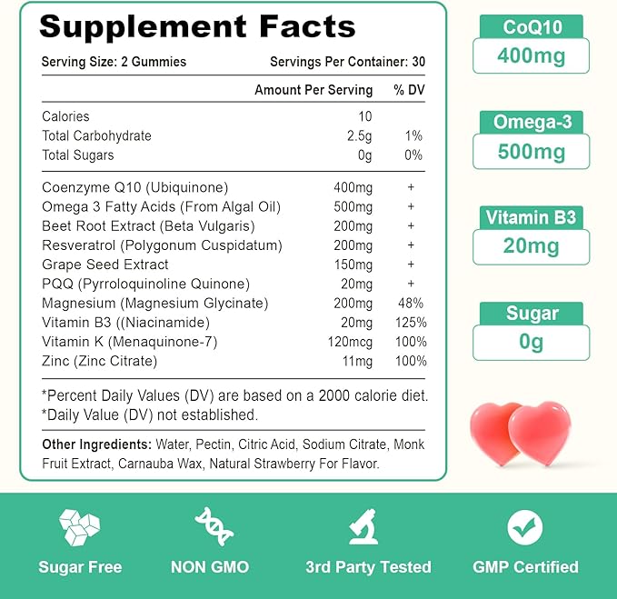 400MG CoQ10 Gummies with Omega-3, Vitamin B3 & Magnesium, Helps Support Hear-t Health, Cellular Energy & Antioxidant, Vegan, Gluten Free, Non-GMO 60 Counts