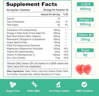 400MG CoQ10 Gummies with Omega-3, Vitamin B3 & Magnesium, Helps Support Hear-t Health, Cellular Energy & Antioxidant, Vegan, Gluten Free, Non-GMO 60 Counts