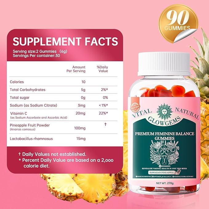 Premium Feminine Balance Gummies for Women - pH Balance & Wellness Support with Hawaiian Pineapple, Vegan Gluten-Free Supplement Vaginal Probiotic 90 Count