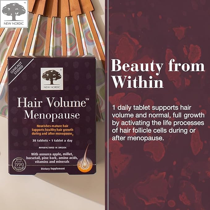 New Nordic Hair Volume Menopause, Supports Healthy Hair Growth During and After Menopause, Pine Bark and Annurca Apple Extract, 30 Tablets