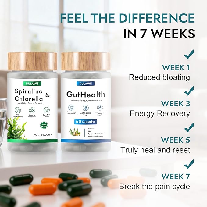 Dulave Gut Health & Spirulina Chlorella Bundle – Probiotics, Digestive Enzymes & Greens – Supports Digestion, Energy, Immune Health – Non-GMO(1 Set)