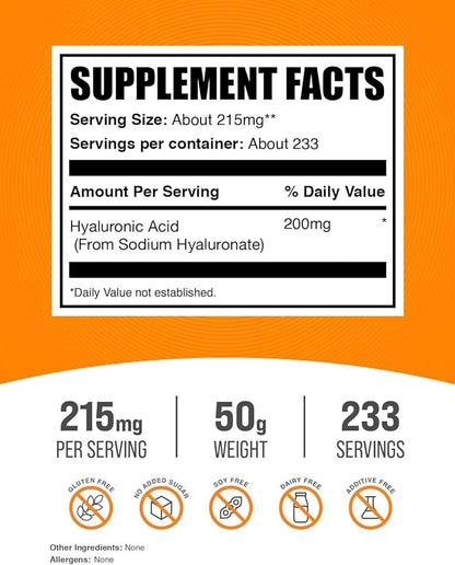 BulkSupplements.com Hyaluronic Acid Powder - as Sodium Hyaluronate, Hyaluronic Acid Supplements - Food Grade, Gluten Free - 215mg per Serving, 50g (1.8 oz) (Pack of 1)