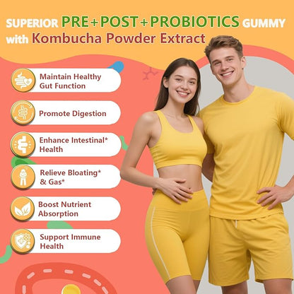 Probiotic Kombucha Gummies Sugar Free Prebiotic Postbiotic Probiotics Gummy for Women and Men Bloating Gut Health Immune and Digestive Support - 60 Gummies - 30 Servings