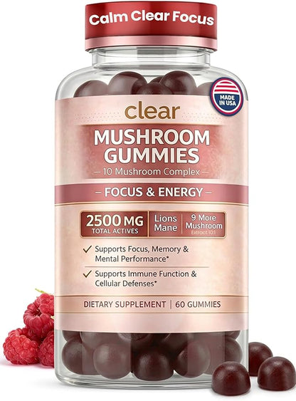 Clear Mushroom Gummies, Lions Mane, Reishi, Cordyceps, Chaga 10:1 Extract (Raspberry Flavor) - 2500mg 10 Mushroom Focus Gummies for Brain Health, Memory, Calm Energy, 3rd Party Tested