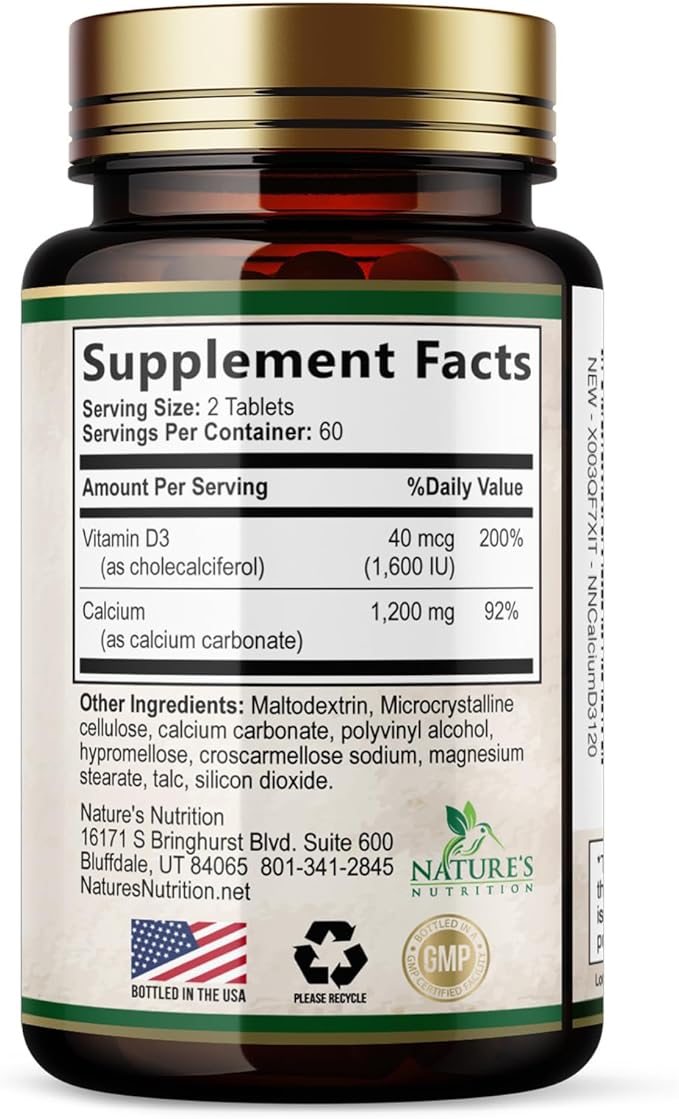 Calcium 1200 mg with Vitamin D3 Per Serving - Bone Health Supplement, Vitamin D & Calcium Supplements for Women & Men - Bone, Teeth & Immune Support, Nature's Calcium Pills, USA Bottled - 120 Tablets