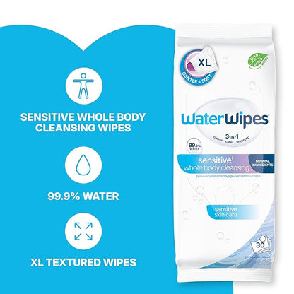 WaterWipes Sensitive Whole Body Cleansing Wipes, 99.9% Purified Water, XL Textured Wipes, Incontinence Care, Fragrance Free, 30 Count