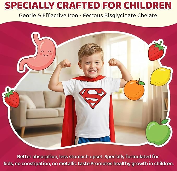 Iron Supplement Gummies for Kids, Kids Multivitamin with Iron - Vitamin B Complex, C, D3, Calcium, Folate, Zinc, FOS for Blood Builder & Energy Support, Iron Deficiency, Vegan,Mixed Fruit Flavor,60 ct