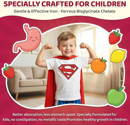 Iron Supplement Gummies for Kids, Kids Multivitamin with Iron - Vitamin B Complex, C, D3, Calcium, Folate, Zinc, FOS for Blood Builder & Energy Support, Iron Deficiency, Vegan,Mixed Fruit Flavor,60 ct