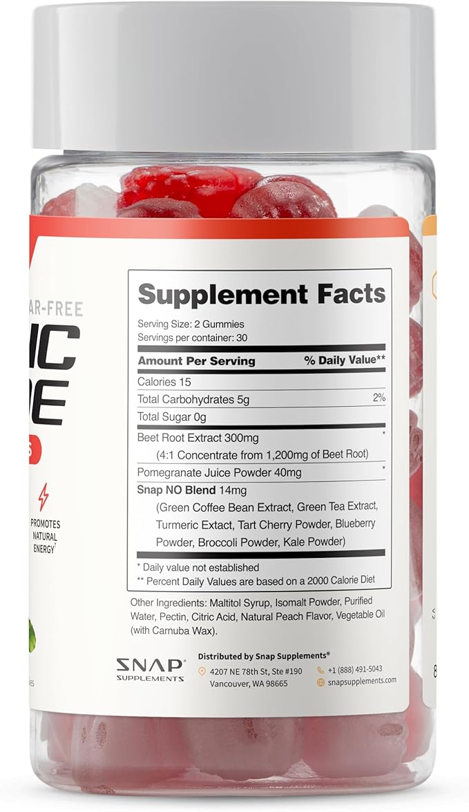 Snap Supplements Nitric Oxide Beet Root Gummies Supplement with Organic Beets - Energy & Circulation Support, 60 Sugar-Free Gummies (30 Servings, 1 Month Supply), Peach