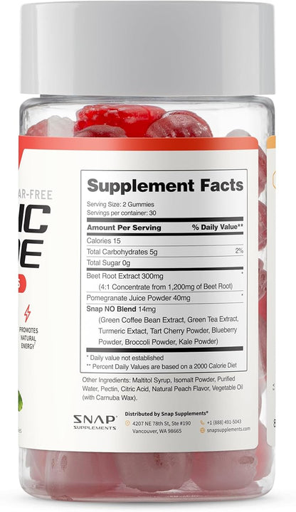 Snap Supplements Nitric Oxide Beet Root Gummies Supplement with Organic Beets - Energy & Circulation Support, 60 Sugar-Free Gummies (30 Servings, 1 Month Supply), Peach