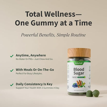 Snap Supplements Blood Sugar Gummies, Support Already Healthy Blood Sugar Levels, Cinnamon Bark and Blueberry Fruit Extract, Green Apple Flavor, 60 Gummies