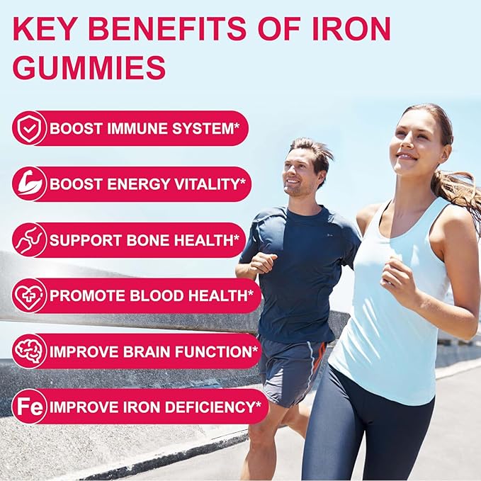 Iron Supplement Gummies for Women & Men - Iron Gummies with Folate Vitamin C B12 B6 Zinc, Peach Flavor, Vegan 60 Gummies