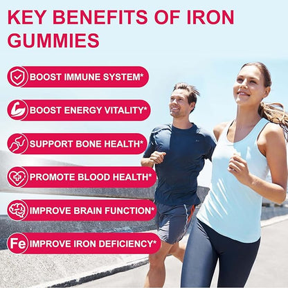 2 Pack Iron Supplement Gummies for Women & Men - Iron Gummies with Folate Vitamin C B12 B6 Zinc, Peach Flavor, Vegan 120 Gummies