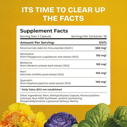 Liposomal NAD Supplement for Women w/Noni | 5-in-1 NAD Resveratrol Supplement w/Berberine & Quercetin | Pure NMN Powder Alternative | Supports Anti Aging & NAD+ Levels | 120 caps - 2 Packs