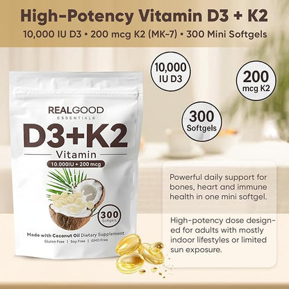 Real Good Essentials Vitamin D3 K2, Essentials D3+K2 (MK7) Coconut Oil 300 Softgels, with Vitamins D & K 10000 Iu Supports Calcium Absorption, Bone, Immune.(1)