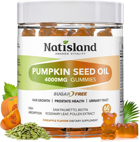 Pumpkin Seed Oil Gummies with Saw Palmetto, Cold Pressed Pumpkin Seed Oil Supplement for Hair Growth, Prostate Health & Urinary Tract Support, Sugar Free, Vegan Pineapple Flavor, 60 Count