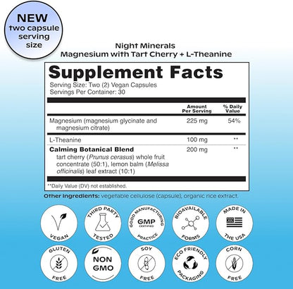 wholier Magnesium Glycinate, L-Theanine, Tart Cherry Juice. Natural Support for Sleep, Stress + Relaxation. Melatonin-Free. Night Minerals. (60 Vegan Capsules) Glass Bottle
