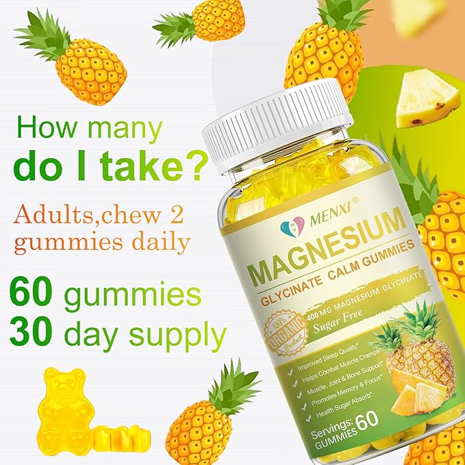 Magnesium Glycinate Gummies 400mg, Sugar Free Magnesium Taurate, Malate Supplement with Vitamin D, B6, CoQ10 for Relaxation, Stress Relief, Muscle, Bone & Sleep Support- 60 Pineapple Gummies