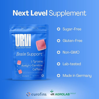 URVI® Brain Gummies – L-Tyrosine, Acetyl-L-Carnitine, Caffeine, L Methyl Folate (Quatrefolic® 5-MTHF), Vitamin B12 & Iodine – Boosts Energy & Focus – Sugar-Free – Strawberry Flavor – 60 Gummies