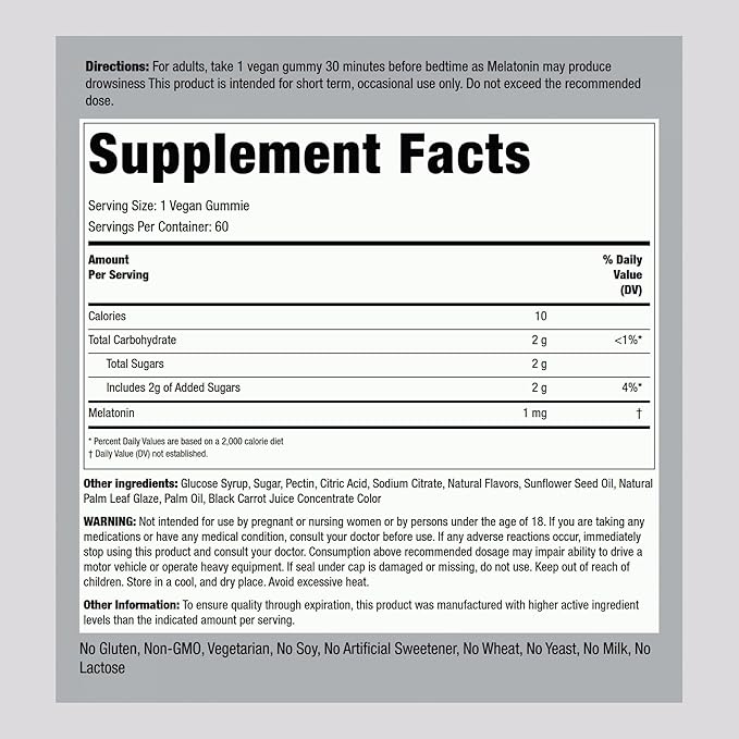 Piping Rock Melatonin Gummies 1 mg | 60 Count | Cherry Pomegranate Flavor | Low Dose | Adult Supplement | Vegan Formula | Non-GMO, Gluten Free