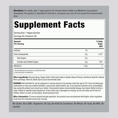 Piping Rock Melatonin Gummies 1 mg | 60 Count | Cherry Pomegranate Flavor | Low Dose | Adult Supplement | Vegan Formula | Non-GMO, Gluten Free