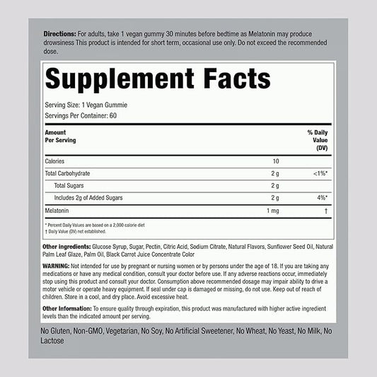 Piping Rock Melatonin Gummies 1 mg | 60 Count | Cherry Pomegranate Flavor | Low Dose | Adult Supplement | Vegan Formula | Non-GMO, Gluten Free