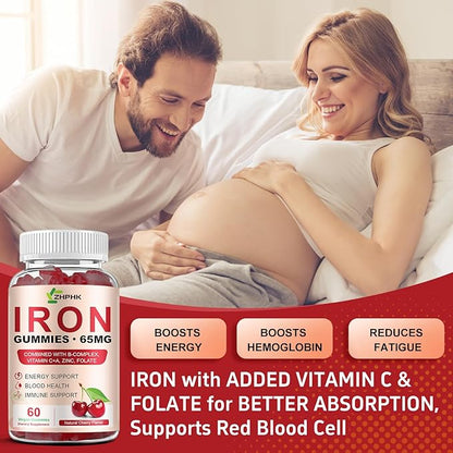 ZHPHK Iron Gummies Supplement for Women, Men & Kids, Iron 65mg with 250mg Vitamin C B6 B12 Folate Healthy Blood, Energy & Immune Support Gentle on Stomach Ferrous Fumarate, 120 Count