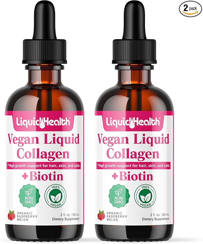 LIQUIDHEALTH 100% Vegan Collagen Plus Biotin 100,000mcg Liquid Drops - Plant-Based Liquid Collagen for Women & Men - Hair & Nail Growth, Skin Health, Boosts Metabolism - Made in USA, Non-GMO (2 Pack)