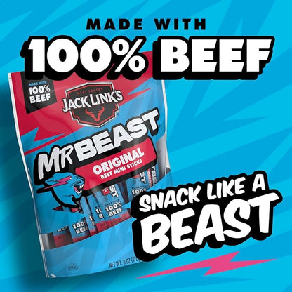 Jack Link’s x MrBeast Beef Sticks, Original Mini Beef Sticks, As Seen on Beast Games, 5g Protein, Made with 100% Real Beef, Pantry-Ready Snacks, 12 Count (Pack of 2)