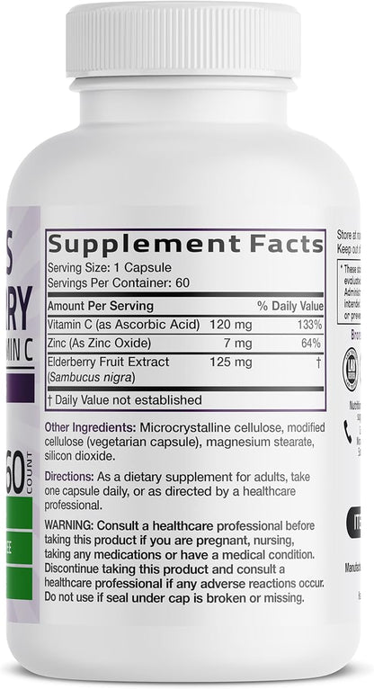 Bronson Sambucus Elderberry with Zinc & Vitamin C Triple Immune Support Complex Immune & Antioxidant Protection, Non-GMO, 60 Vegetarian Capsules