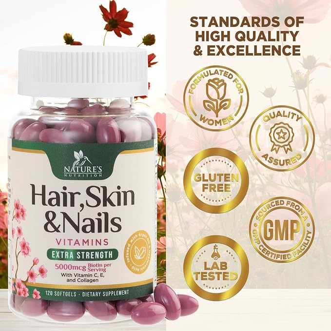 Hair, Skin & Nails Vitamins - Biotin 5000mcg Per Serving - Extra Strength Hair Growth Support For Women with Collagen, Argan Oil - Beautiful Skin, Hair & Nails Supplement - USA Bottled - 120 Softgels