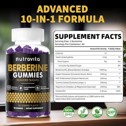 Nutravita Berberine Gummies with Ceylon Cinnamon 1500mg High Potency Berberine HCL Supplement for Immune and Metabolism Support, Sugar Free Organic Berberine Gummies Blueberry Flavor-2PACK