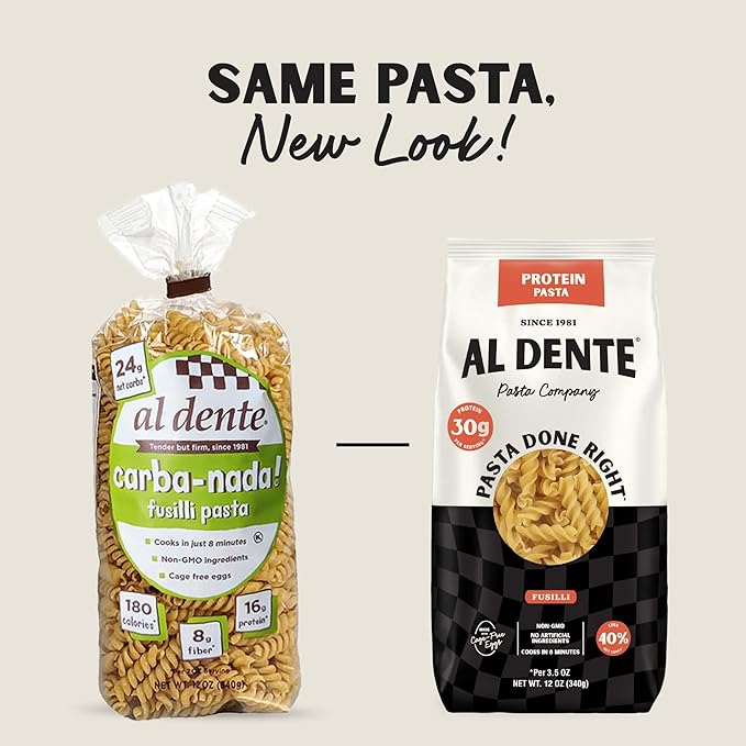 Al Dente Protein Pasta Fusilli – 30g High Protein in 3.5oz Serving, Lower Carb, High Fiber. Artisanal Flavor: Cage-Free Eggs & Semolina. (Previously Carba-Nada, Packaging May Vary). 12oz Bags (Pack of 4)