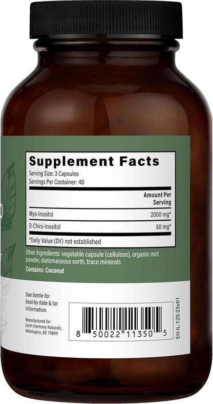 Earth Harmony Myo-Inositol & D-Chiro Inositol Supplement for Women, Ovarian & Hormone Balance for Women - Supports Normal Cycles, Fertility Supplement (120 Capsules)