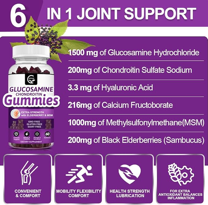 GORNVB Glucosamine Chondroitin Gummies with MSM & Elderberry Extra Strength - Flexibility Support, Antioxidant Immune Support Supplement for Adults, Men & Women - 60 Chondroitin Gummies (2 Pack)