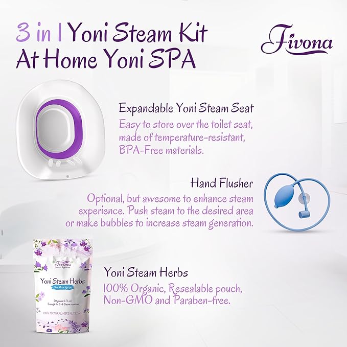 Fivona 3-in-1 Yoni Steam Kit - Bundle of V Steaming Herbs Blue Moon Recipe 1.76 Ounces (2-4 Steams) with Expandable V-Steam Seat and Hand Flusher for Detox, Cleansing, pH Balance and Odor Control