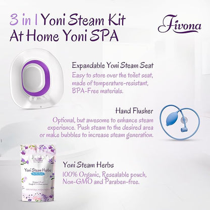 Fivona 3-in-1 Yoni Steam Kit - Bundle of V Steaming Herbs Blue Moon Recipe 1.76 Ounces (2-4 Steams) with Expandable V-Steam Seat and Hand Flusher for Detox, Cleansing, pH Balance and Odor Control
