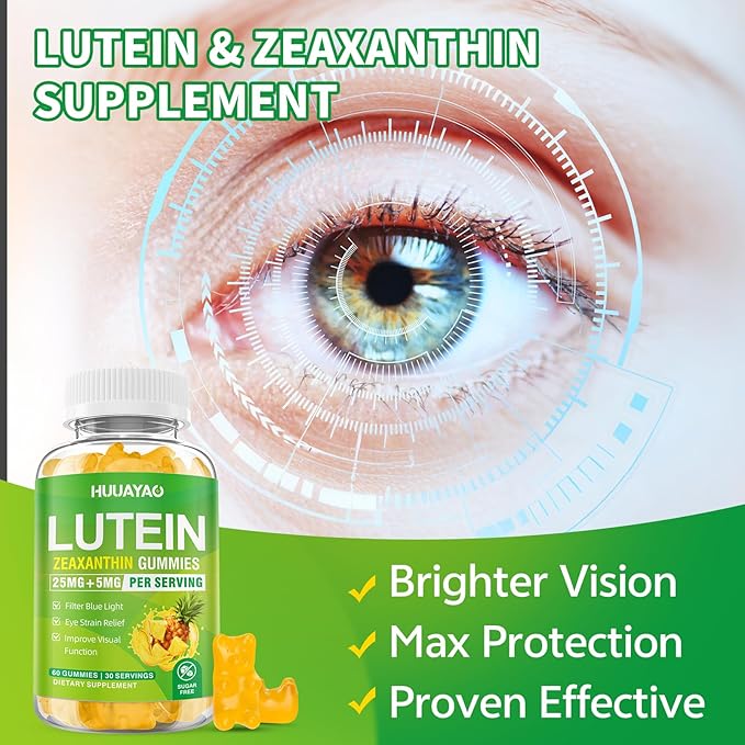 Lutein Gummies 25mg, Lutein and Zeaxanthin Supplements Eye Vitamins Gummies for Support Blue Light Protection, Vision & Overall Eye Health, Sugar Free, Pineapple Flavor, 60 Count