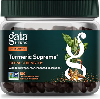 Gaia Herbs Turmeric Supreme Extra Strength - Supports Occasional Discomfort from Normal Wear & Tear* - with Turmeric Curcumin & Black Pepper - 180 Vegan Liquid Phyto-Caps (Up to 180 Servings)